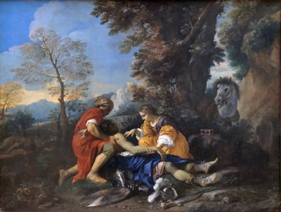 Tancred herleefd door Erminia en Vafrine na het gevecht met Argantes door Pier Francesco Mola
